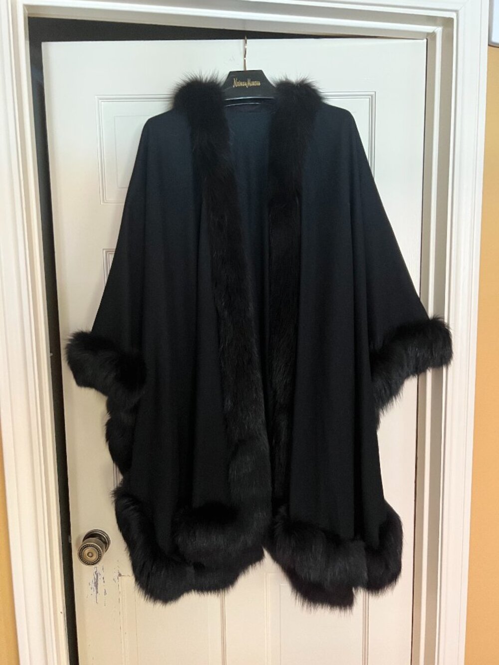 Puchi's Black Wool Cape Genuine Fur Trim Full Length Poncho